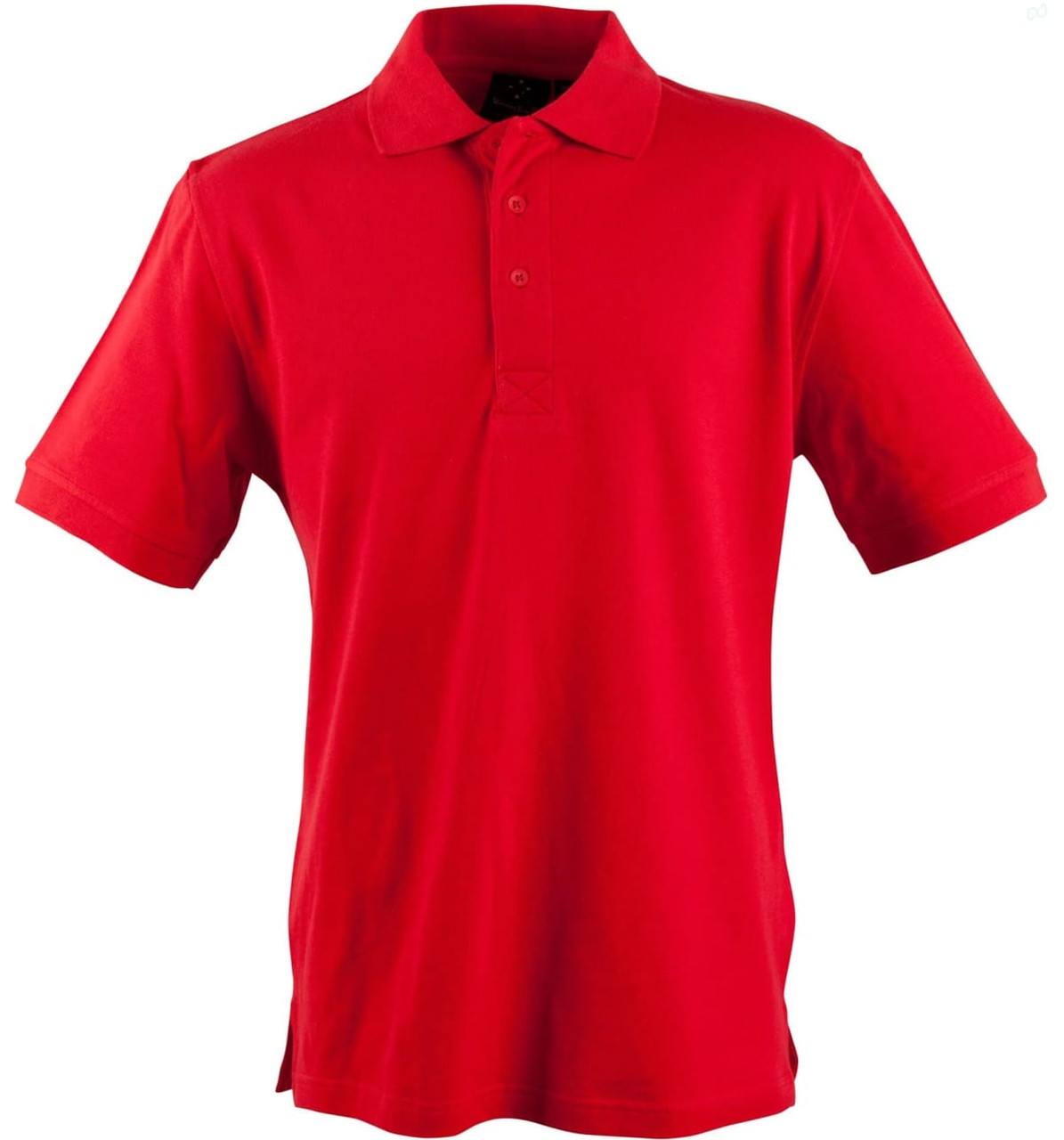 A bright red men's polo shirt featuring a collar, short sleeves, and a logo on the chest.