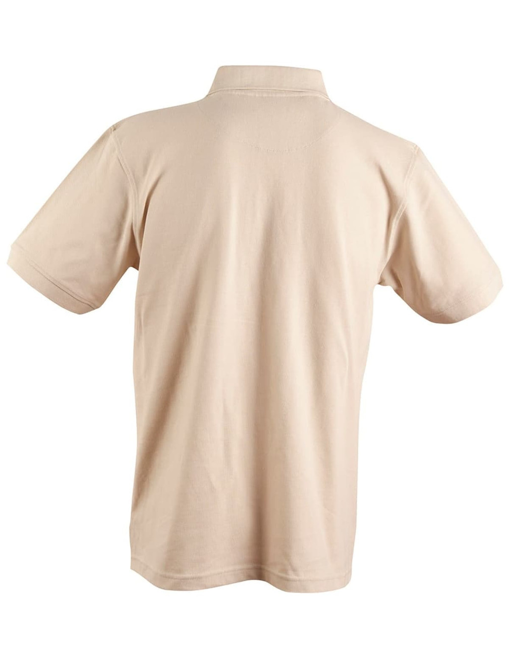 A beige men's polo shirt with a collar and short sleeves, featuring a logo on the back.