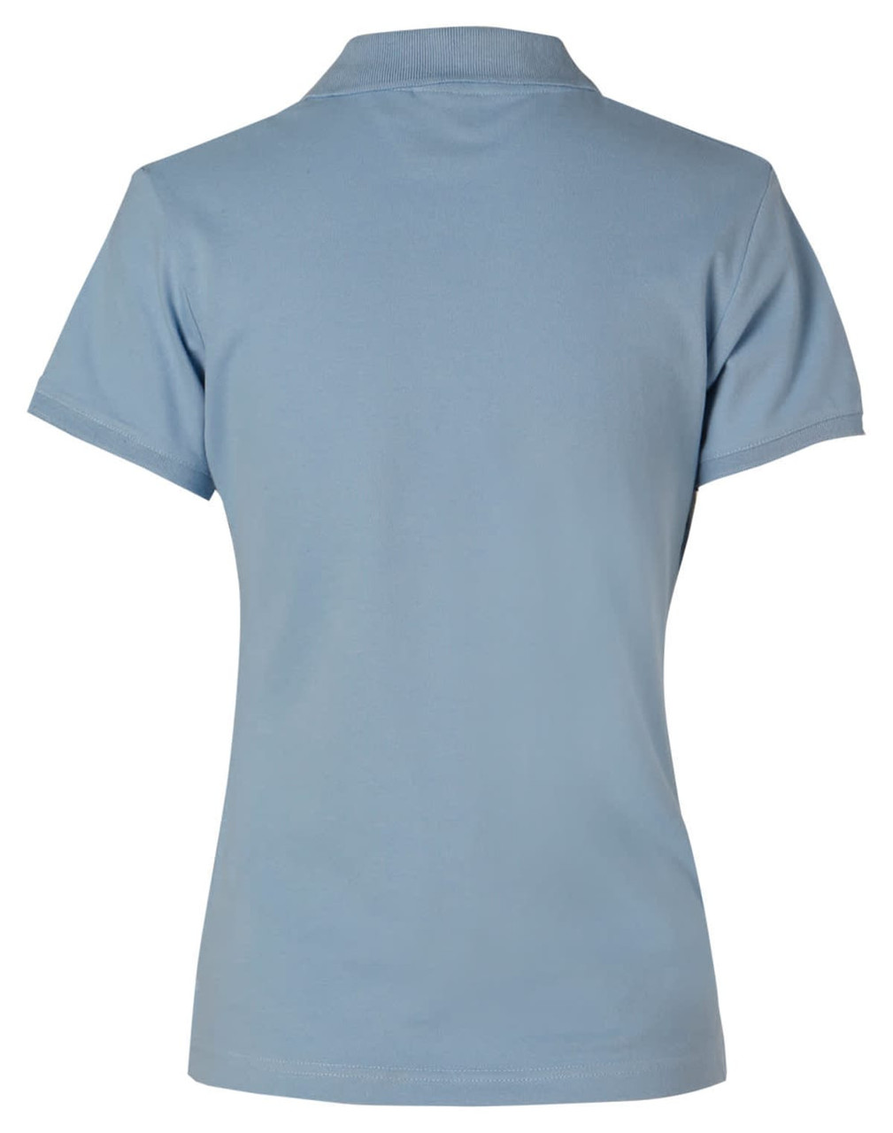 A light blue polo shirt with a classic collar and short sleeves, featuring branding on the back.