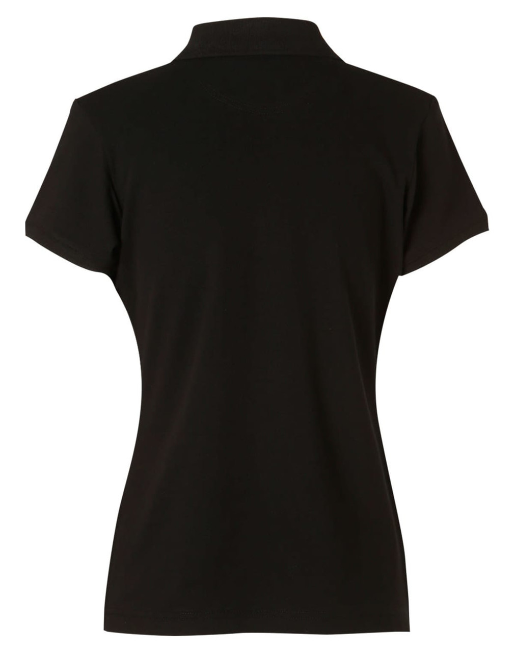 A black ladies' polo shirt with a classic collar and short sleeves, featuring a logo on the front.