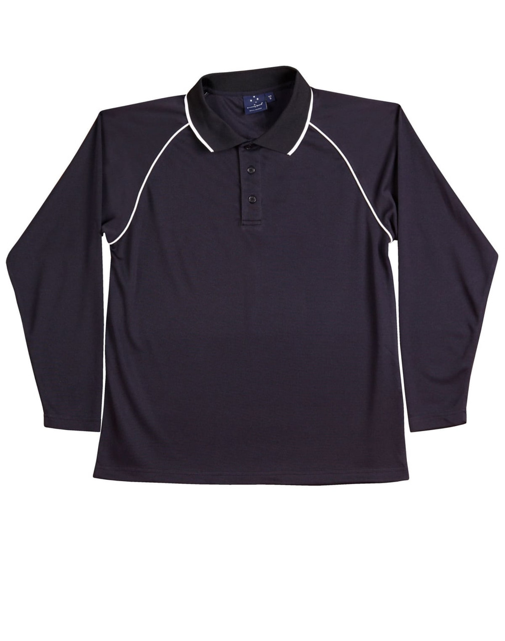 A black long-sleeve polo shirt with white piping and a collar, featuring buttons and a logo.