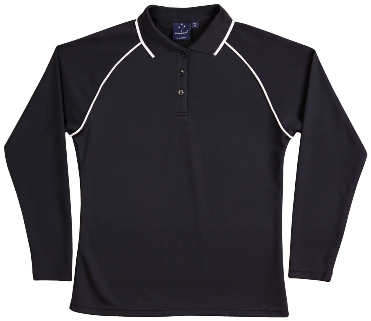 A black long-sleeve polo shirt with raglan sleeves, featuring white piping and a collar. It has a logo on the chest.