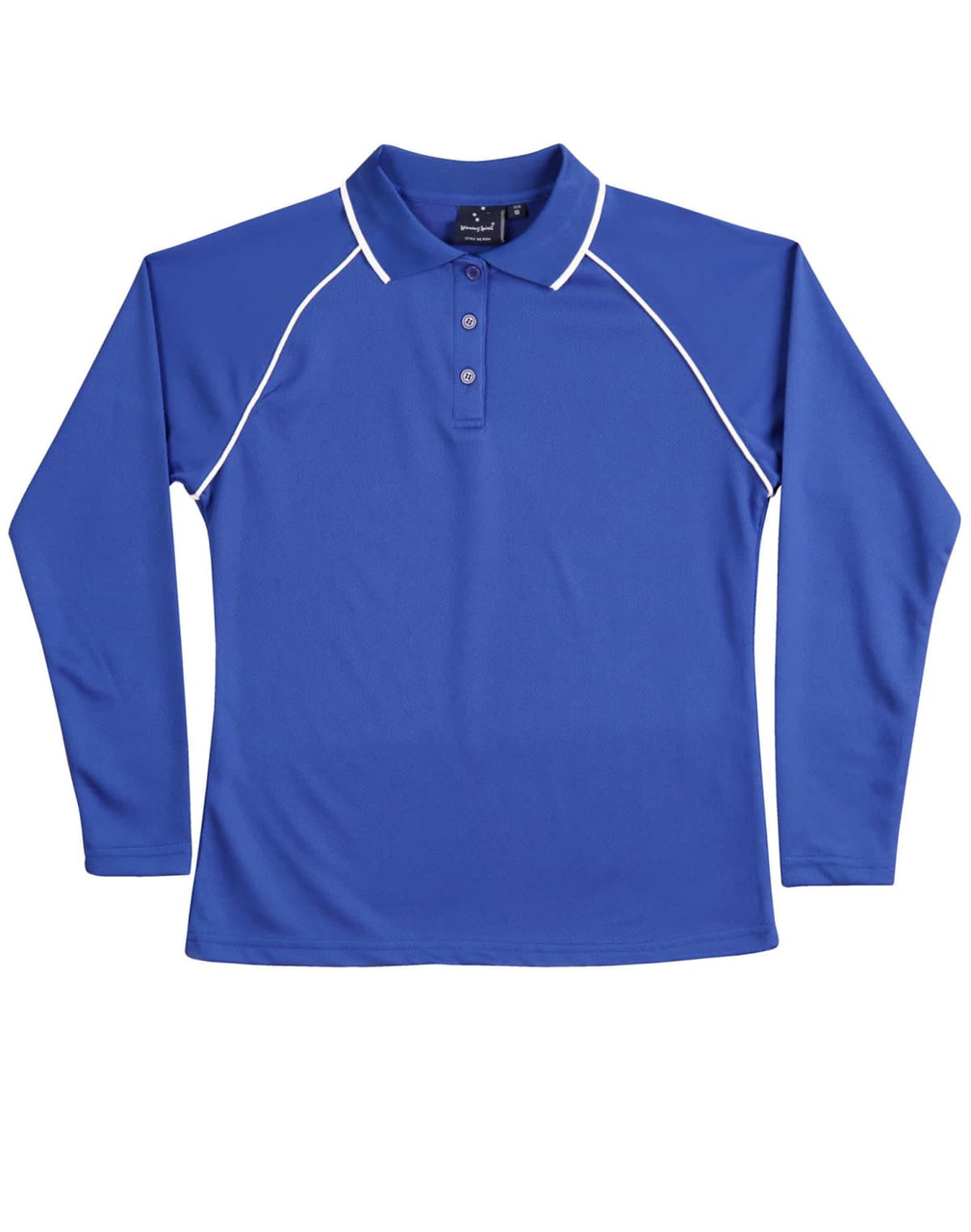 A long-sleeved ladies' polo shirt in vibrant blue with white piping and a collar, featuring a logo.