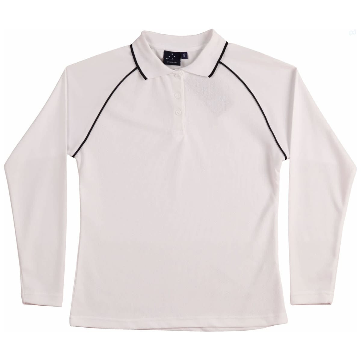 A long-sleeve white polo shirt featuring black piping and a logo on the collar.