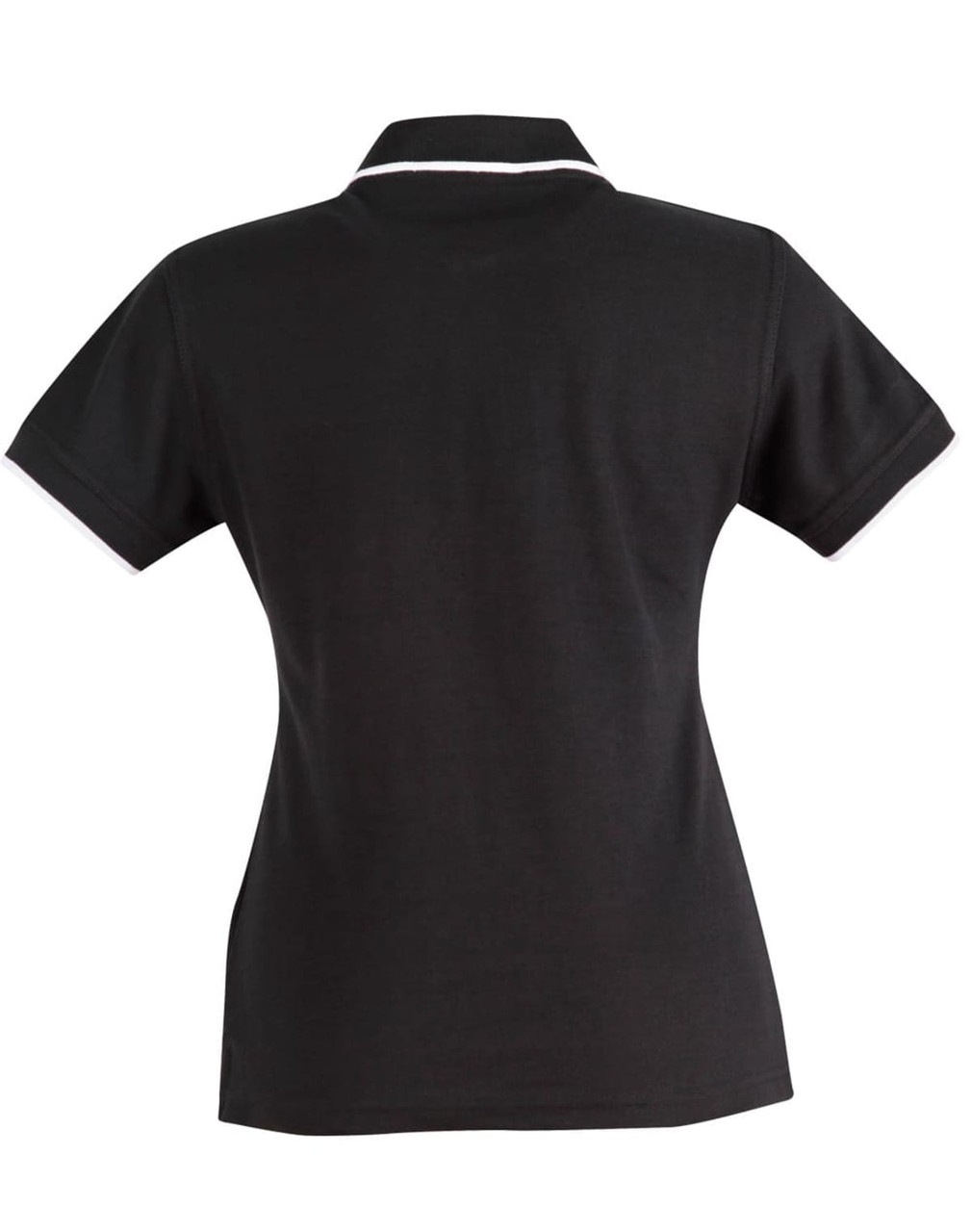 A black polo shirt with a contrasting white collar and detailing, featuring a fitted design and short sleeves.