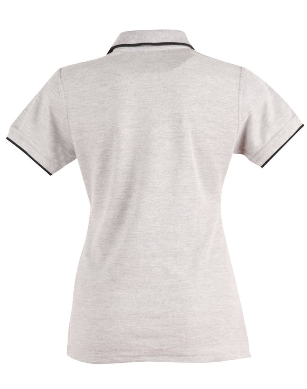 A light grey polo shirt with a black collar and cuff trim, featuring a logo on the chest.