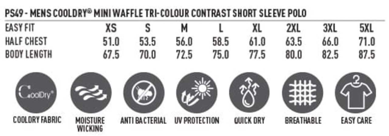 A range of men's polo shirt measurements displayed, featuring size options XS to 5XL and key fabric information.