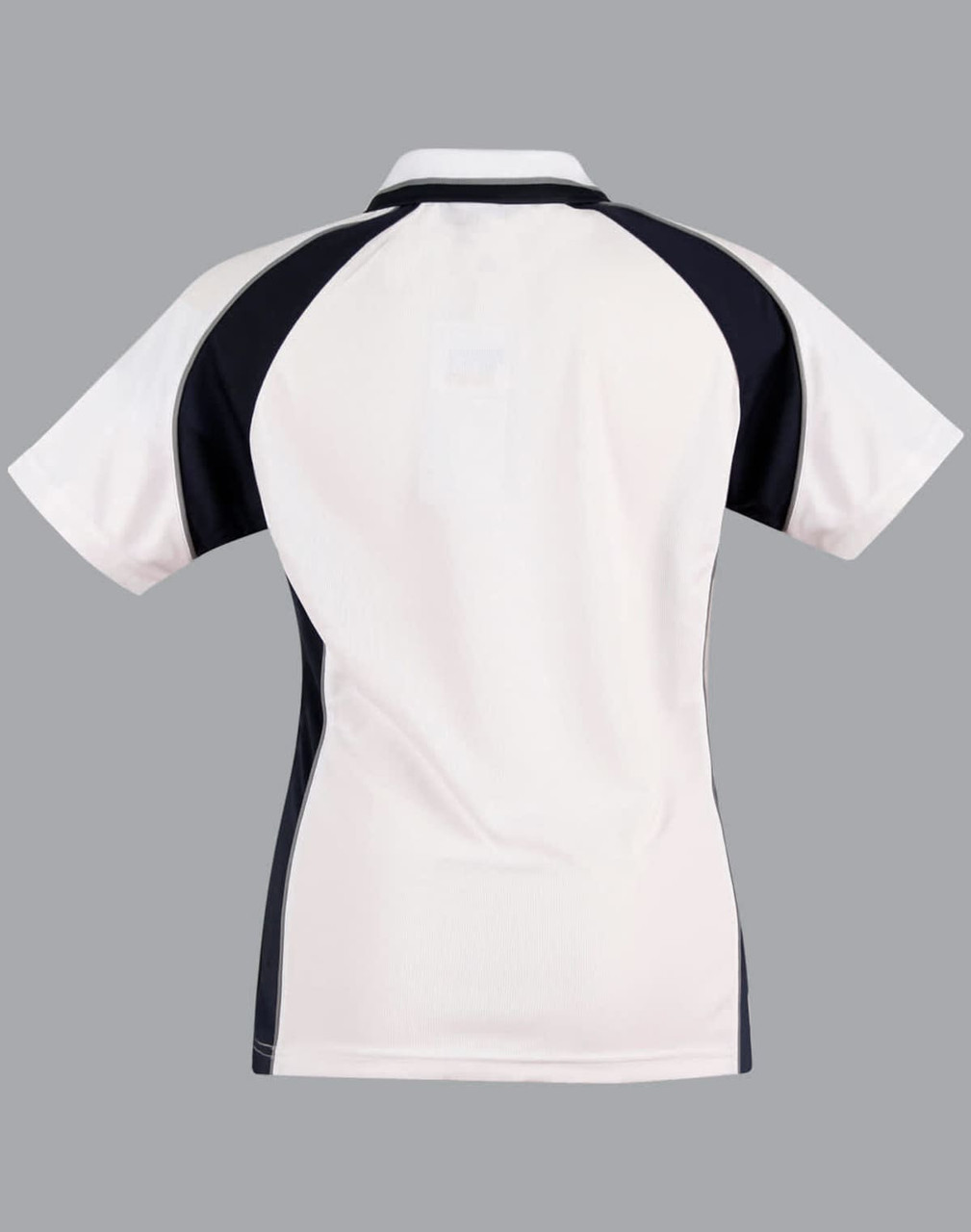 A white and navy polo shirt with a sporty design and a logo on the back.