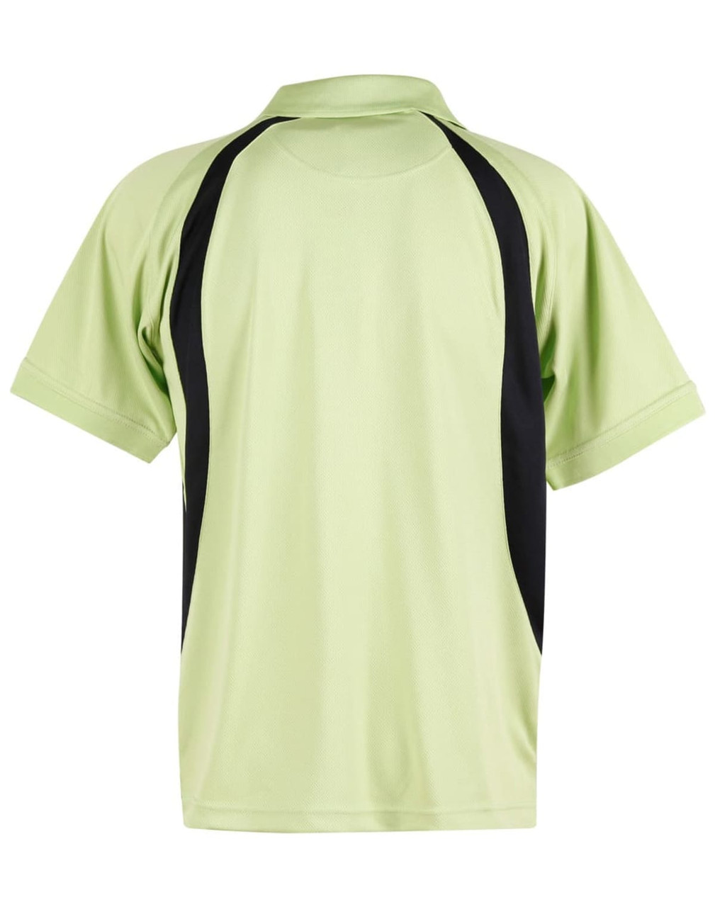 A light green men's polo shirt featuring black side panels and a collar, with a branding logo.