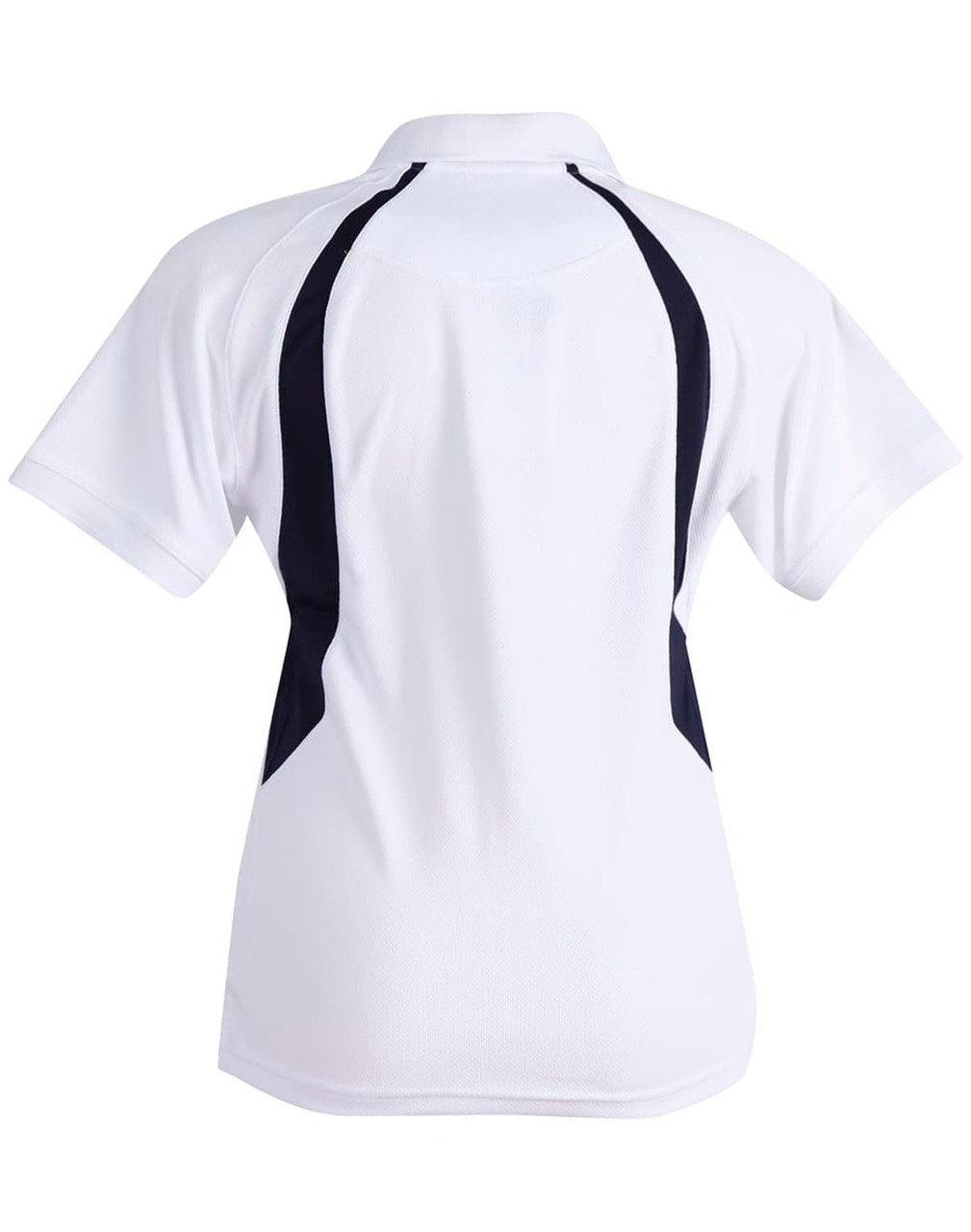 A white polo shirt with black side panels and a collar, featuring a logo on the back.