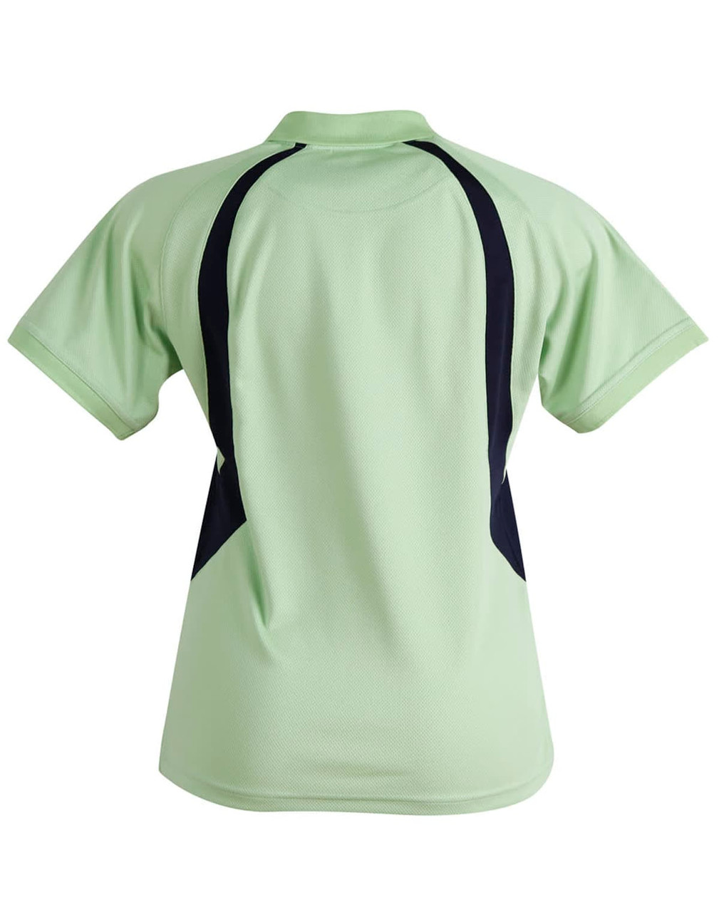 A light green polo shirt with dark navy accents on the back, featuring a logo.