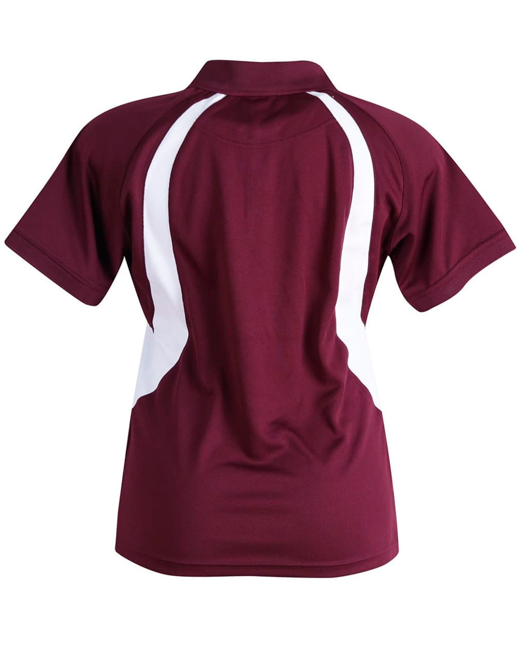 A maroon polo shirt featuring white accent panels and a collar. The shirt has a logo on the back.