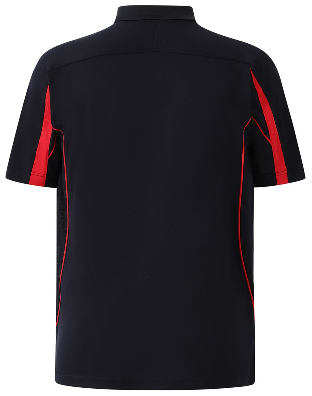A navy blue polo shirt with red accents and a logo on the back. Short sleeves and a sporty design.