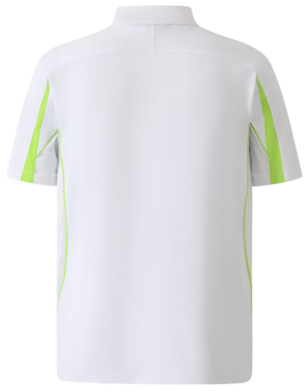 A white polo shirt with lime green accents and a logo, featuring short sleeves and a collar.