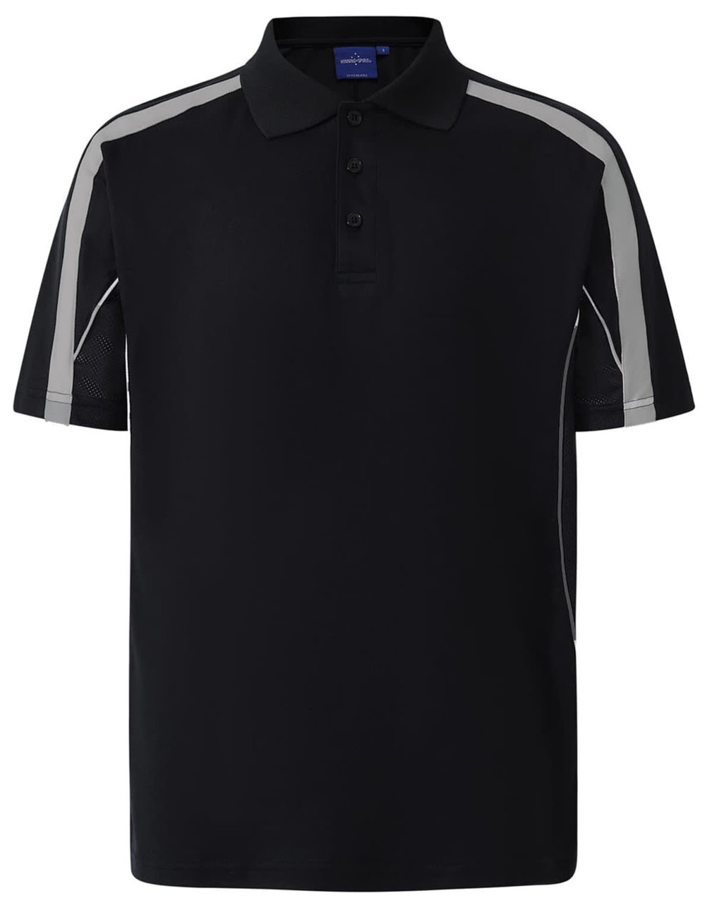 A black short sleeve polo shirt featuring contrasting grey detailing and a logo on the collar.