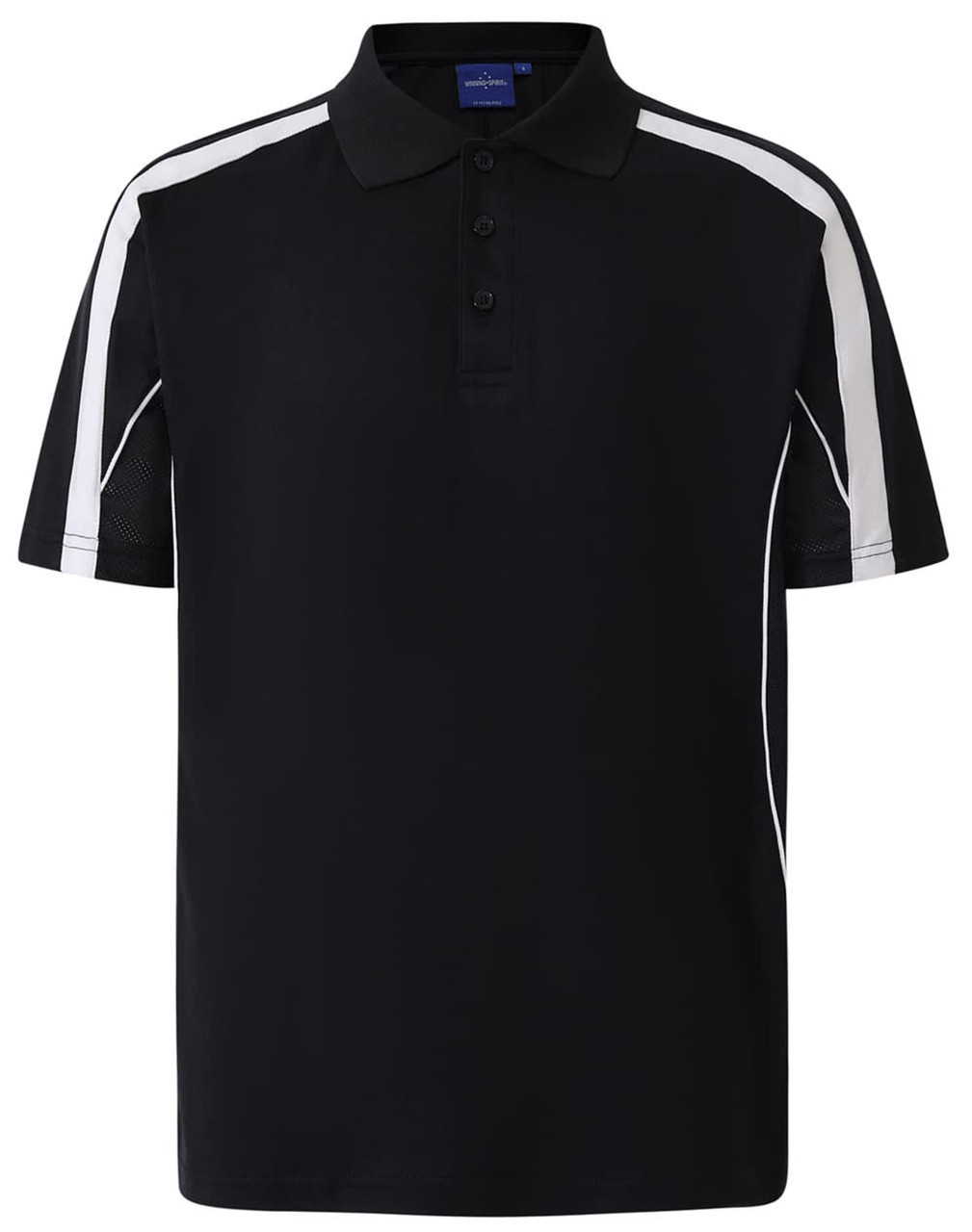 A black polo shirt featuring white side stripes and a collar, with a logo on the chest.