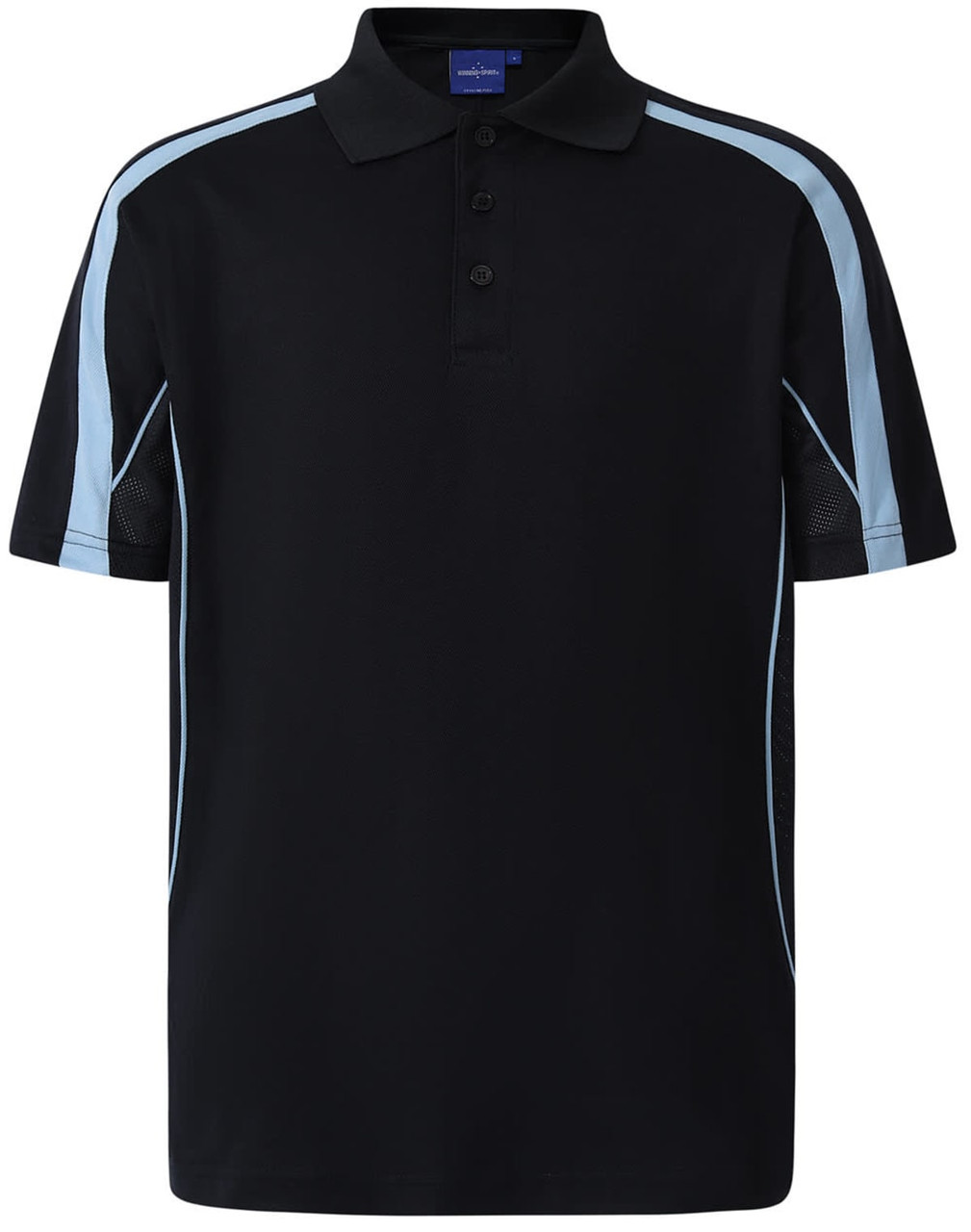 A navy blue polo shirt with light blue accents and a collar, featuring buttons and a logo.