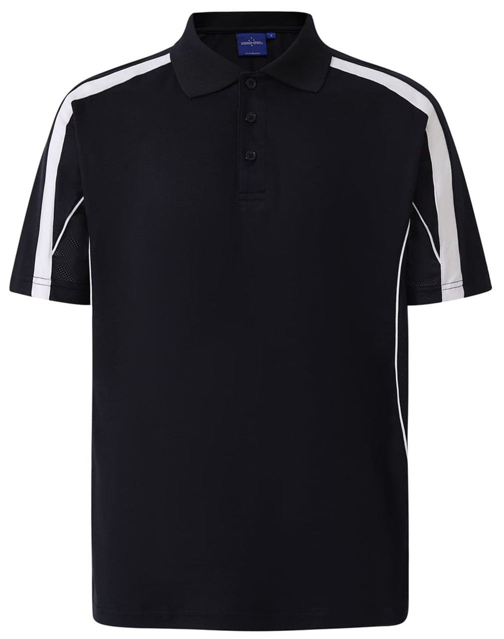 A navy polo shirt with white accents and a logo. It features a classic collar and short sleeves.