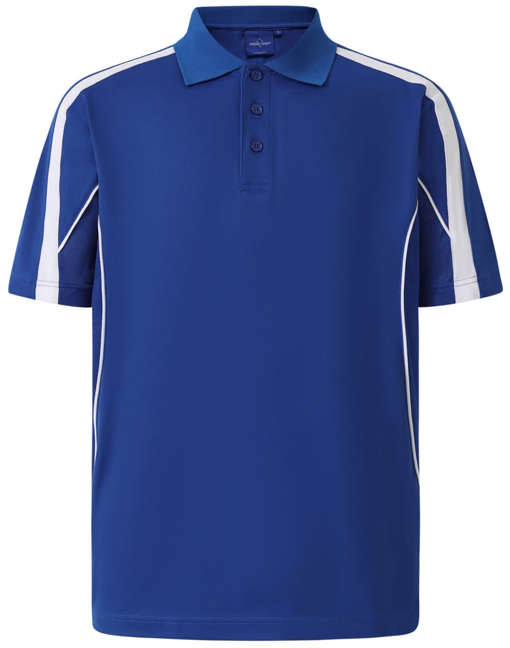 A blue polo shirt featuring white detailing and a logo, designed with a short sleeve style.