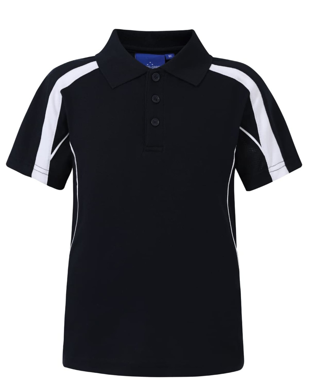 A black kids' polo shirt with white accents and a collar, featuring a logo on the front.