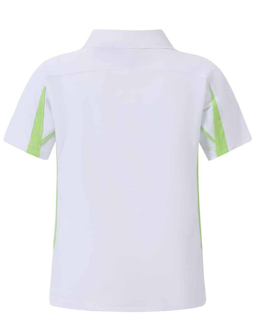 A white kids' polo shirt with green accents on the sides and a collar, featuring a logo.