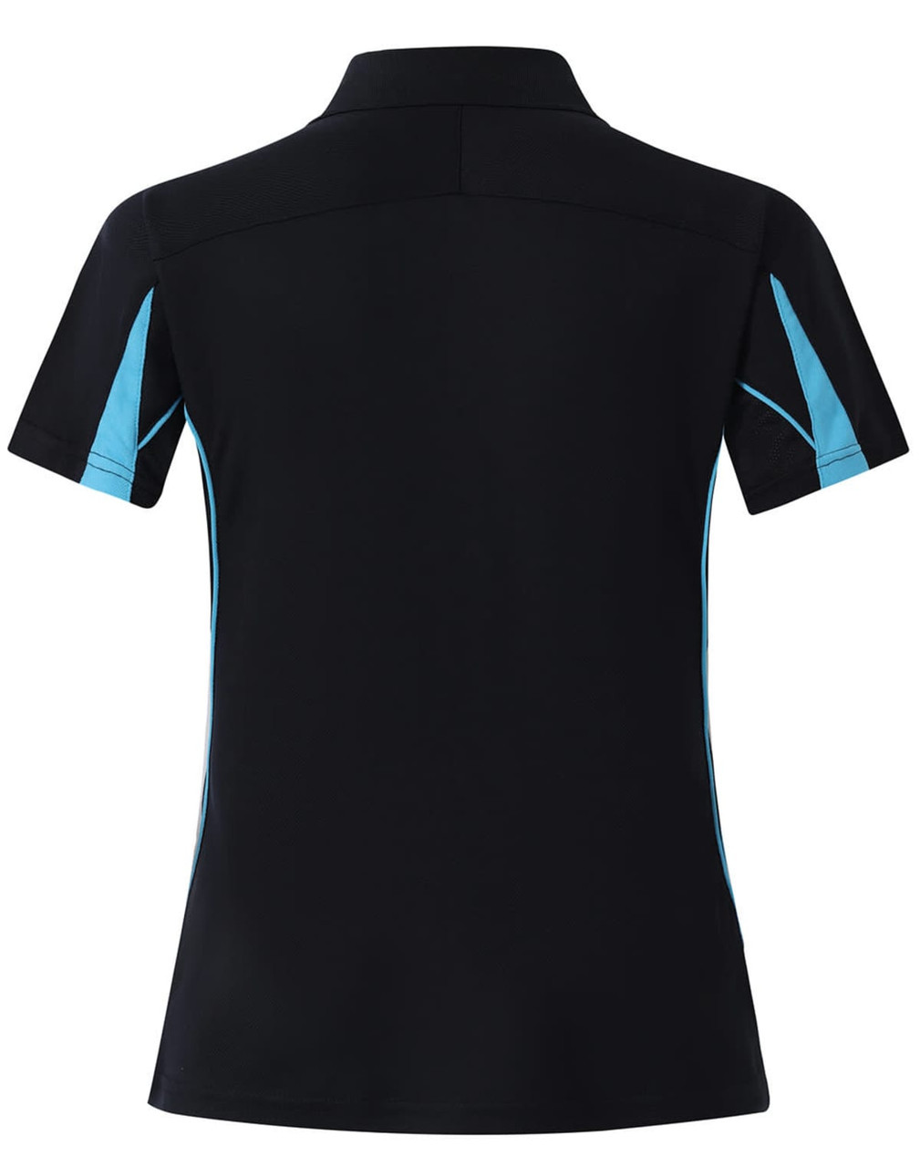 A black polo shirt with turquoise accents, featuring short sleeves and a logo on the back.