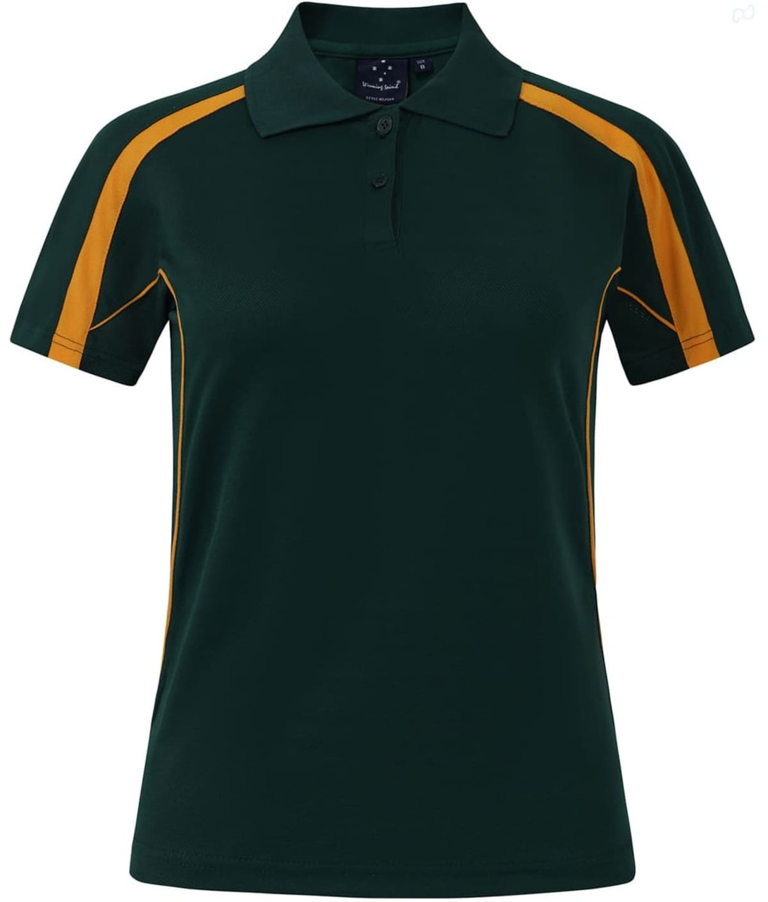 A green polo shirt with yellow detailing and a logo on the chest. Short sleeves and a classic collar design.