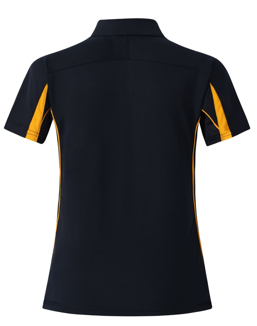 A black polo shirt with short sleeves featuring orange side panels and a logo. Back view displayed.