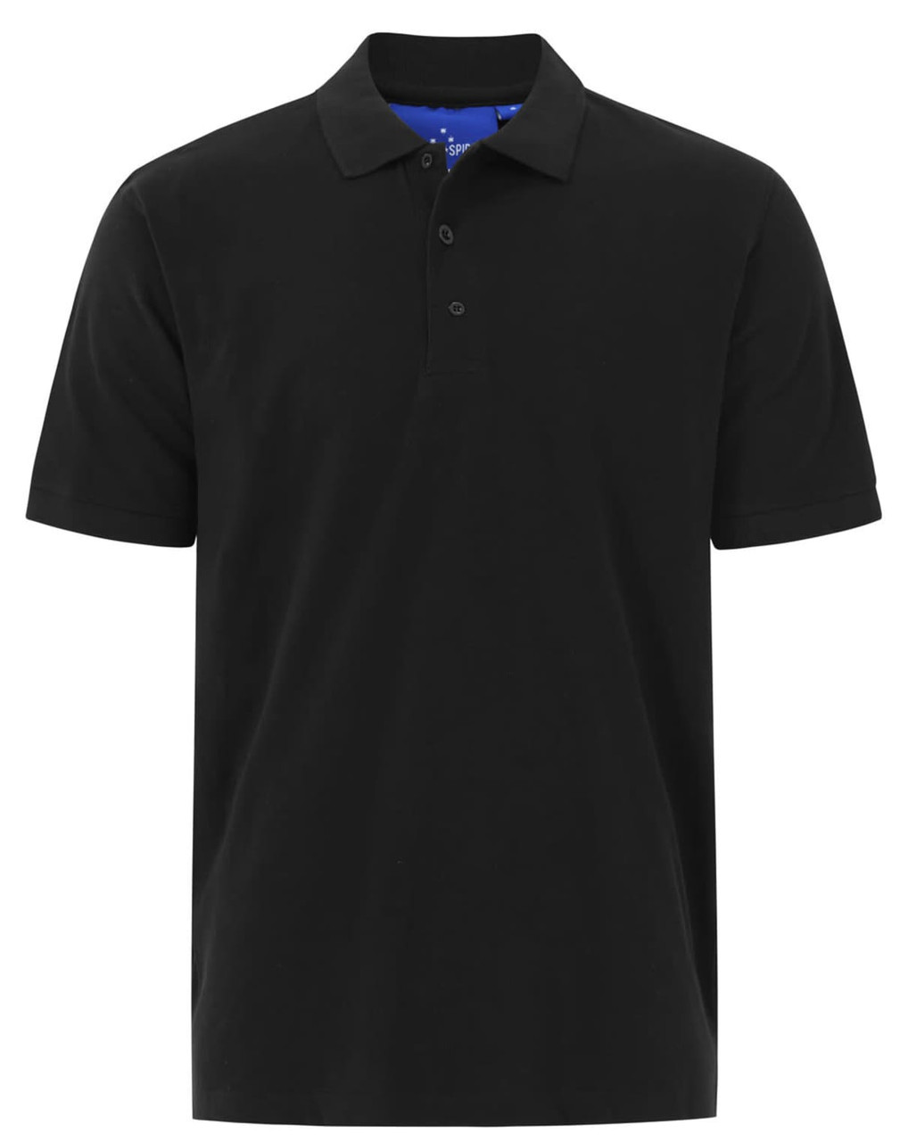 A black men's cotton stretch polo shirt featuring a classic collar and three-button placket. It has a logo on it.