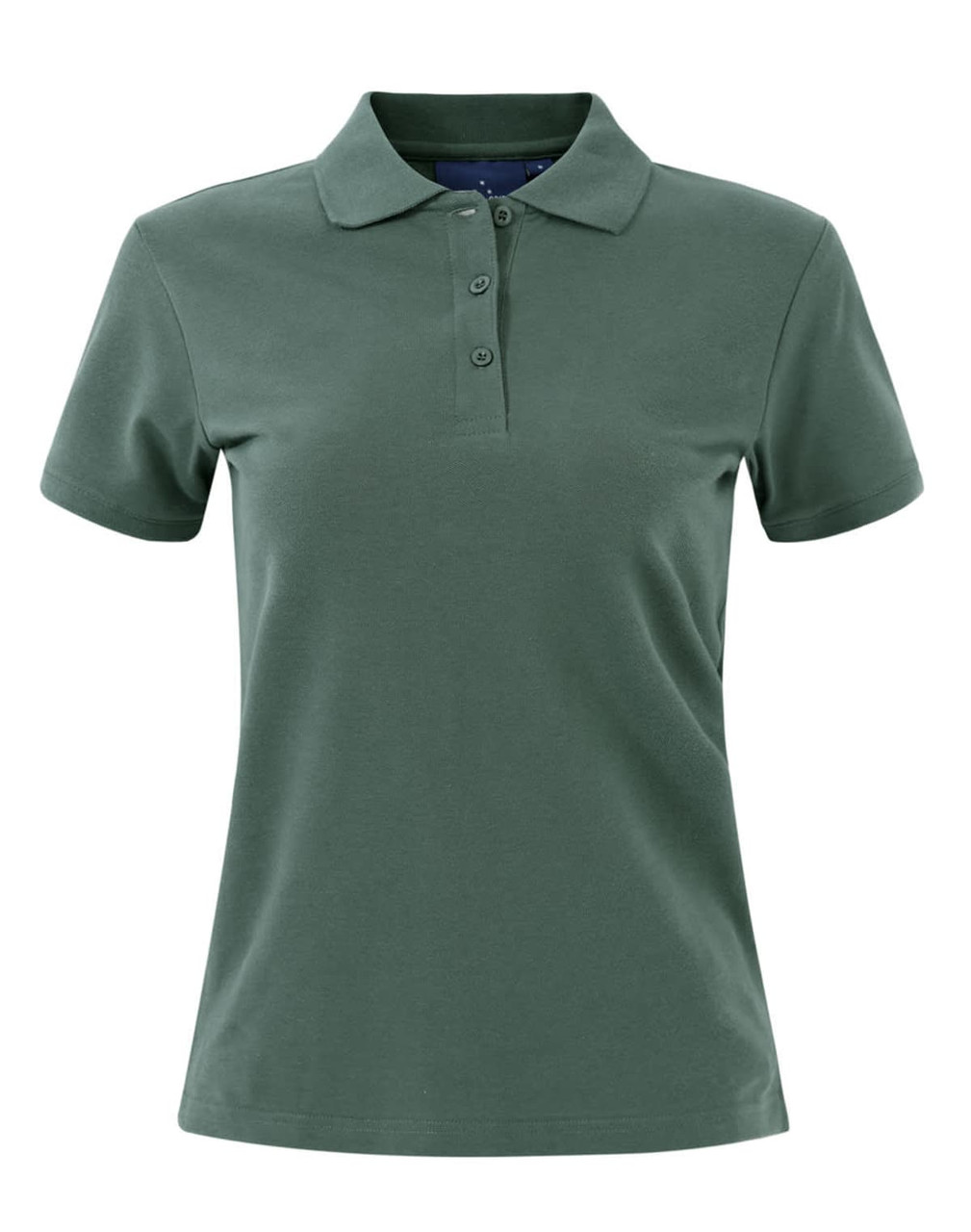 A ladies cotton stretch polo in a dark green hue, featuring a collared neck and button-up front.