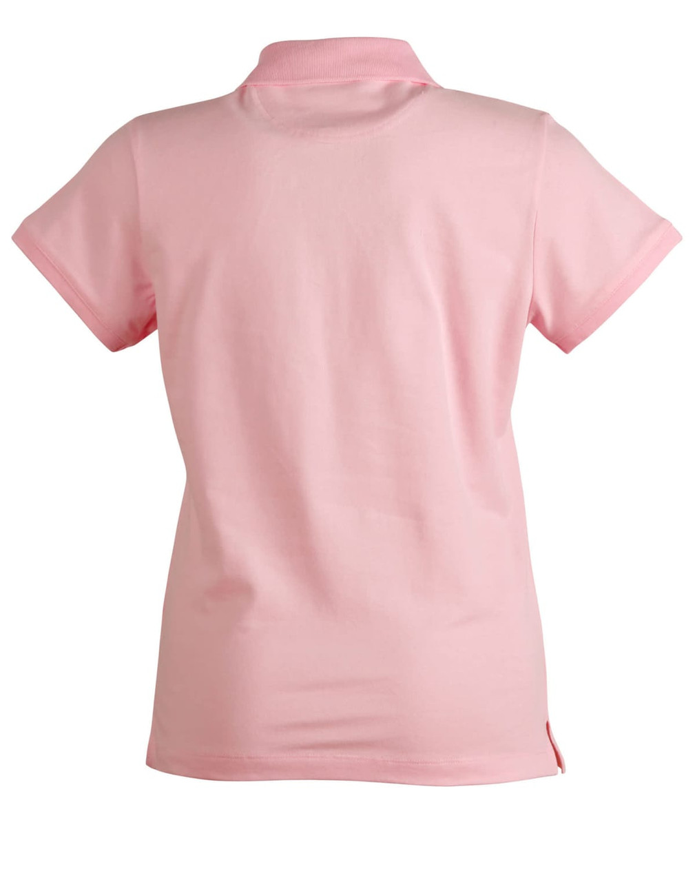 A pink polo shirt with a collar and short sleeves, featuring a logo on the side.