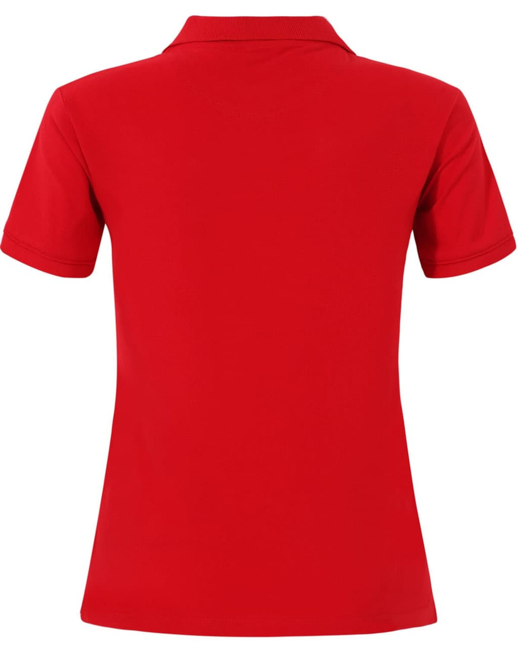 A red ladies cotton stretch polo shirt with a collar and short sleeves, featuring a logo.