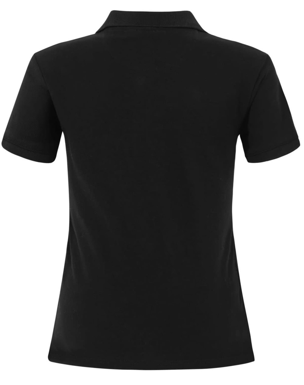 A black ladies cotton stretch polo shirt with short sleeves and a collar, displaying a logo on the back.