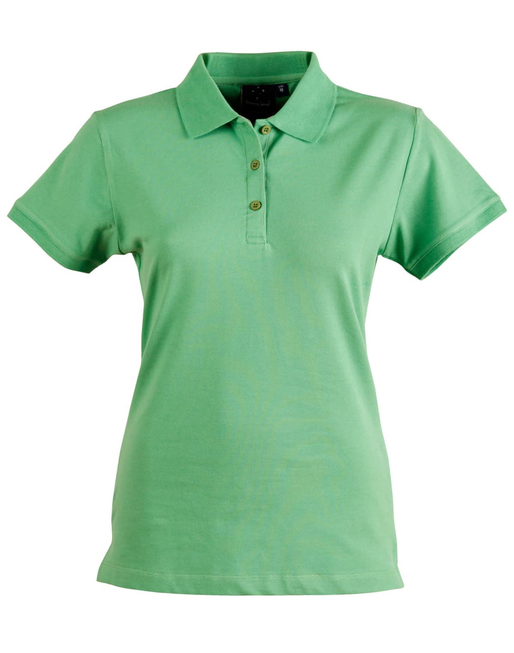 A green ladies' polo shirt featuring a collar and three buttons, with a logo on the chest.
