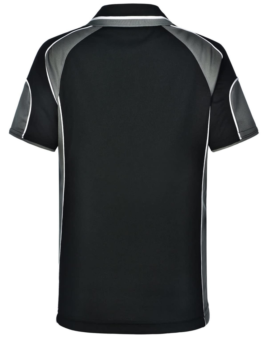 A black polo shirt with grey accents and a logo on the upper back.