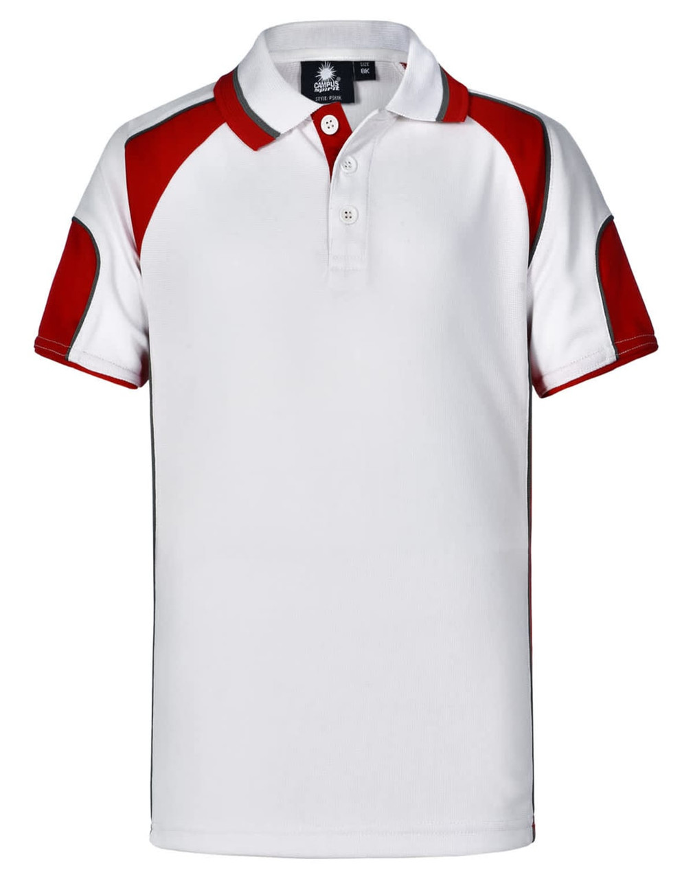 A white polo shirt featuring red accents on the sleeves and collar. It has a logo on the front.
