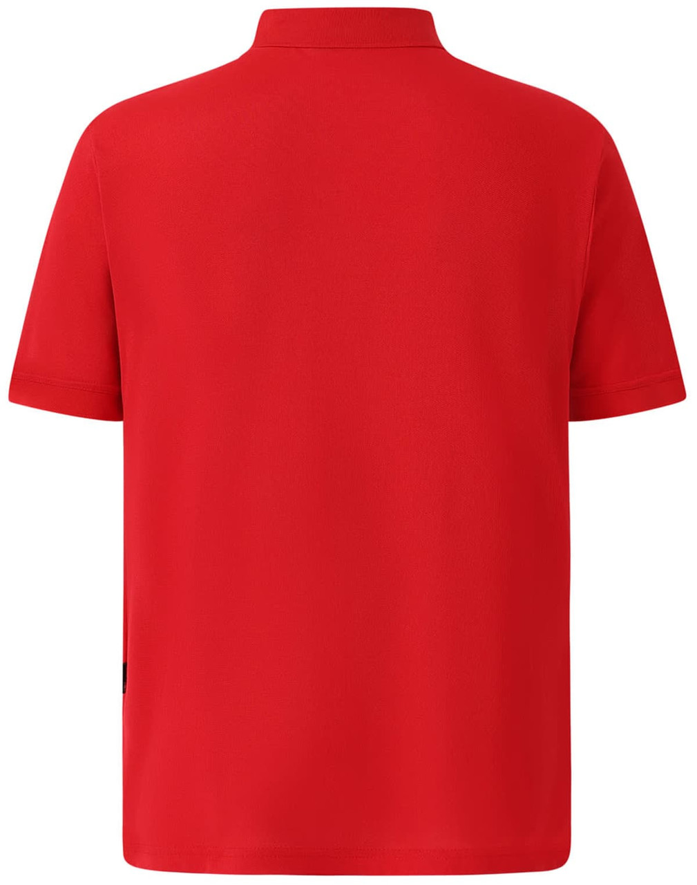 A bright red men's polo shirt with a classic collar and short sleeves, featuring a logo.