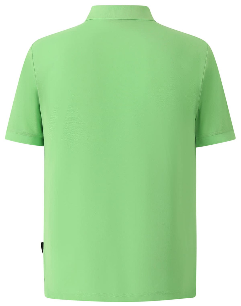 A green polo shirt with short sleeves and a collar, featuring a branding logo.