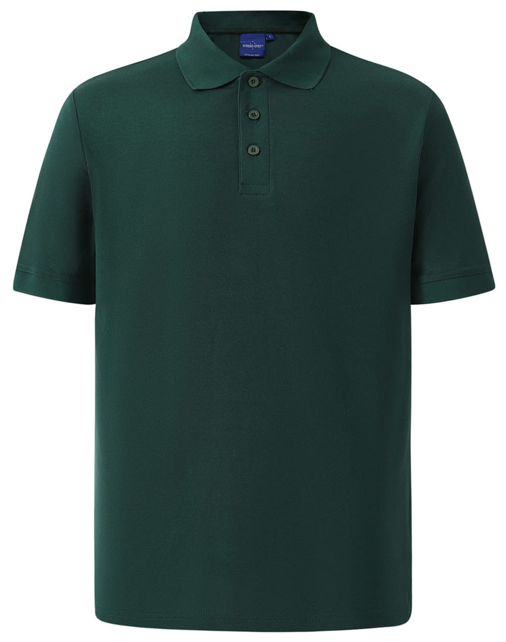 A green men's polo shirt featuring a collar, short sleeves, and a logo on the chest area.