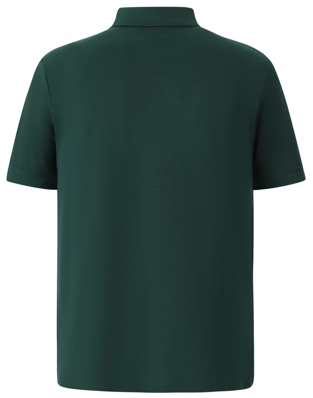 A green men's polo shirt featuring short sleeves and a collar, with a branding logo on the back.