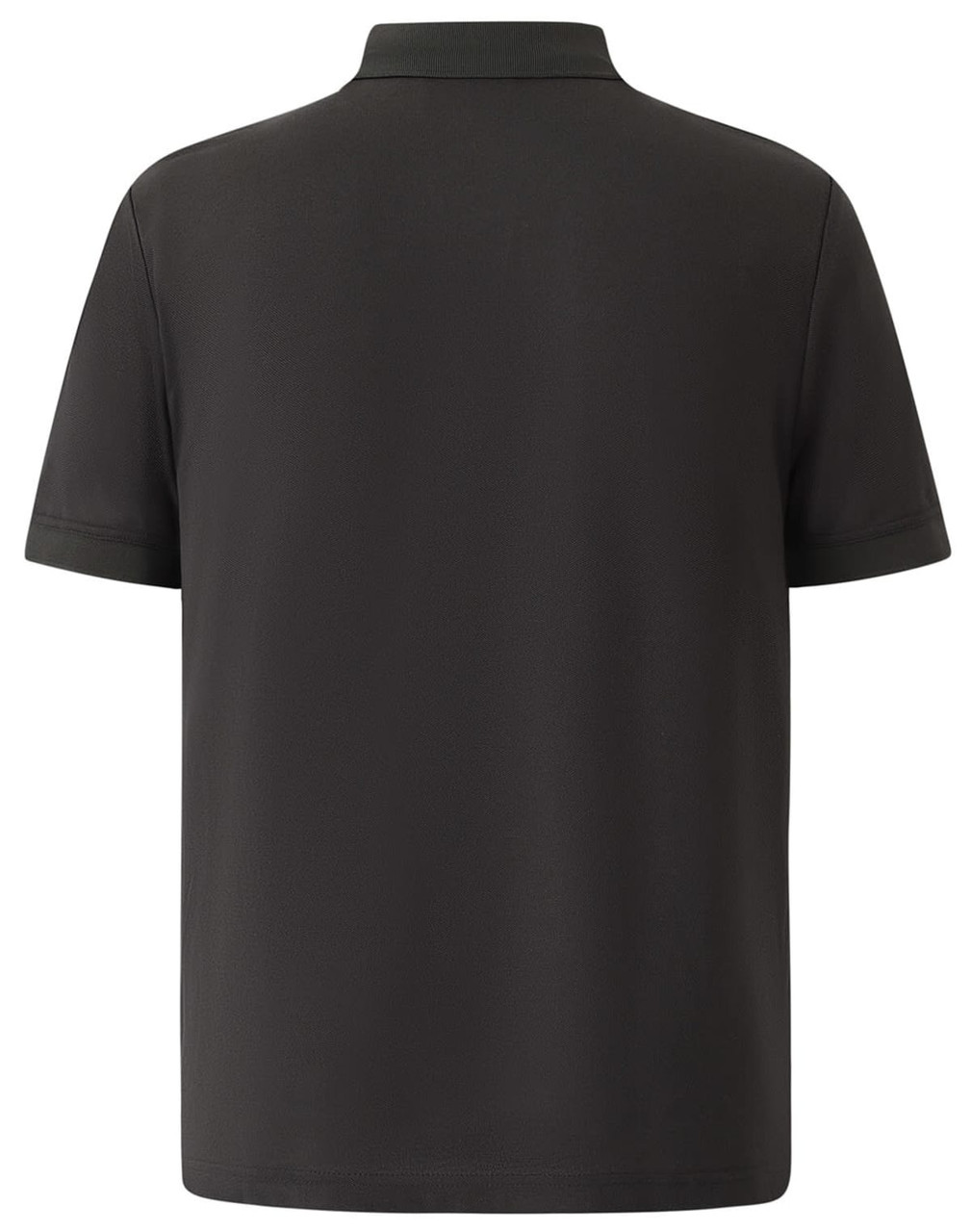 A grey polo shirt with a classic collar and short sleeves, featuring a logo on the side.