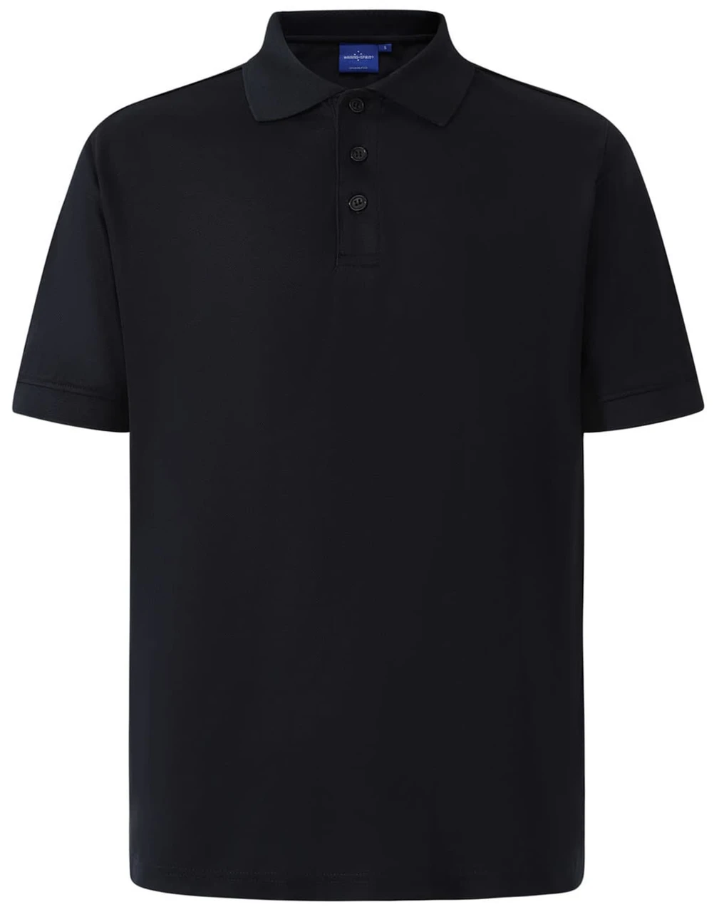 A navy blue men's polo shirt with a collar, short sleeves, and a logo on the side.