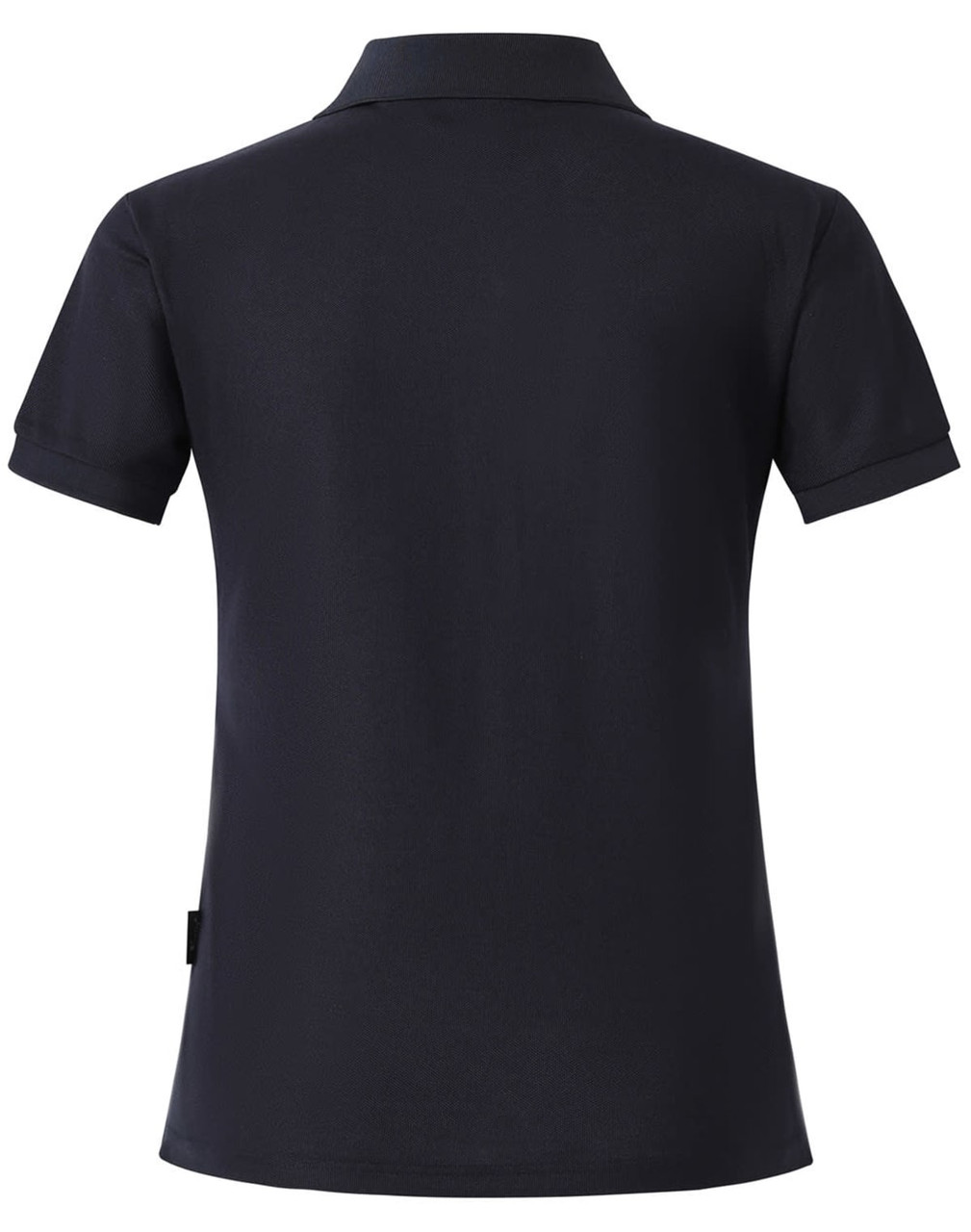 A navy blue ladies' polo shirt with a collared neckline and short sleeves, featuring a logo on the side.