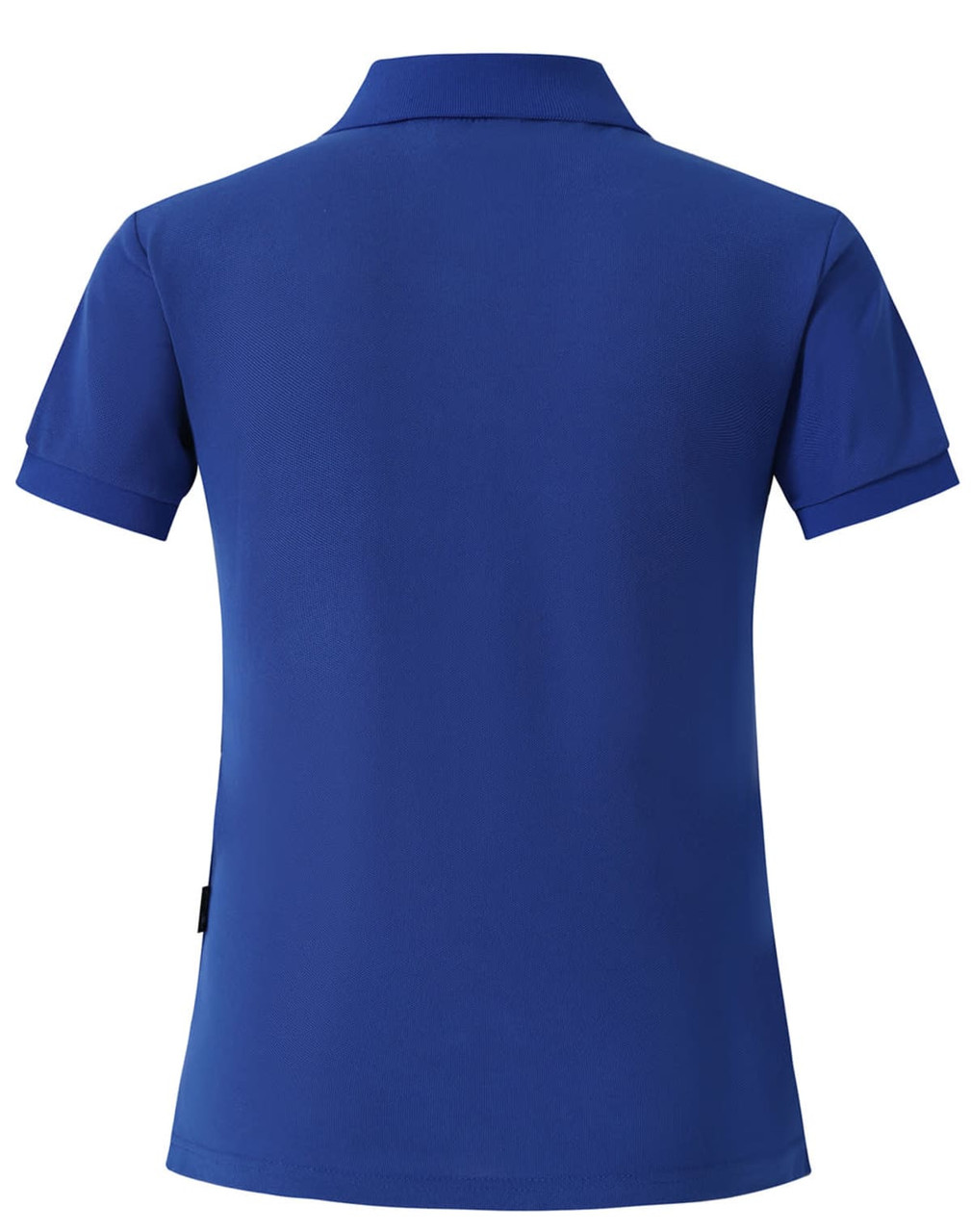 A blue women's polo shirt with a classic collar and short sleeves, featuring a logo on the back.