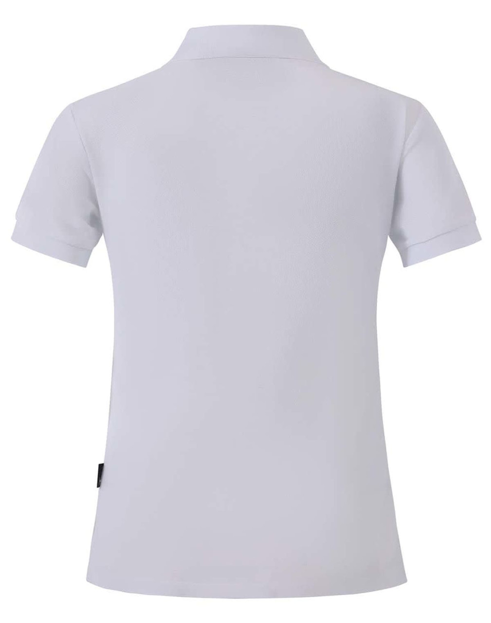 A white ladies' polo shirt featuring a collar and a logo on the side. The back is plain with no additional design.