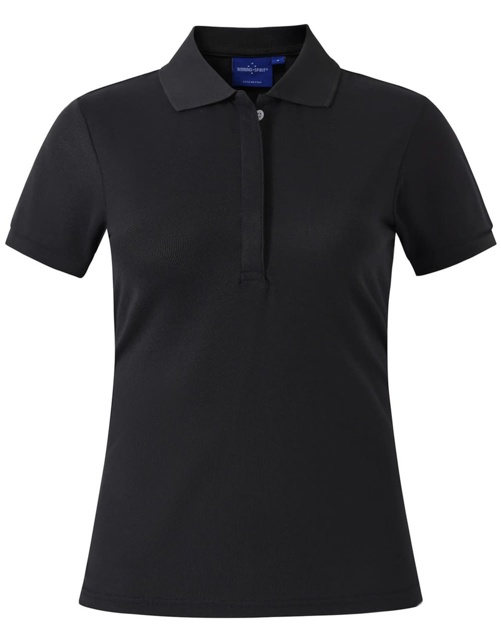 A grey ladies' polo shirt with a collared neckline and short sleeves, featuring a logo on the chest.