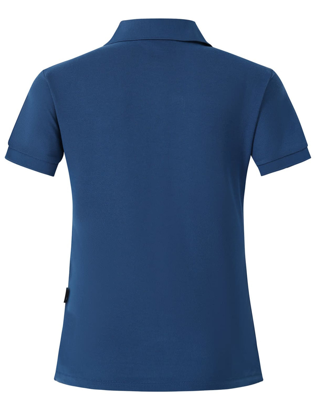 A navy ladies' polo shirt with a classic collar and short sleeves, featuring a logo on the side.