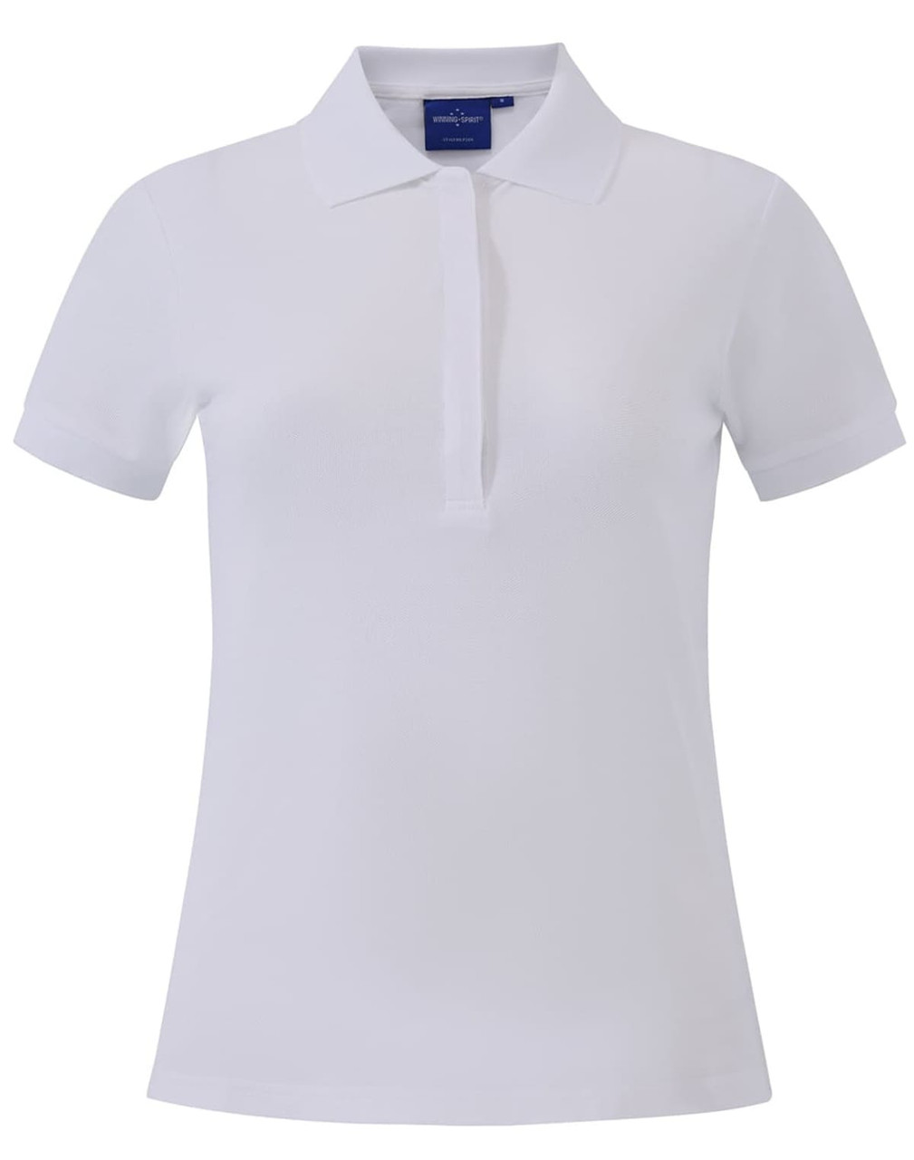 A ladies' polo shirt in white with a contrasting collar, featuring a logo.
