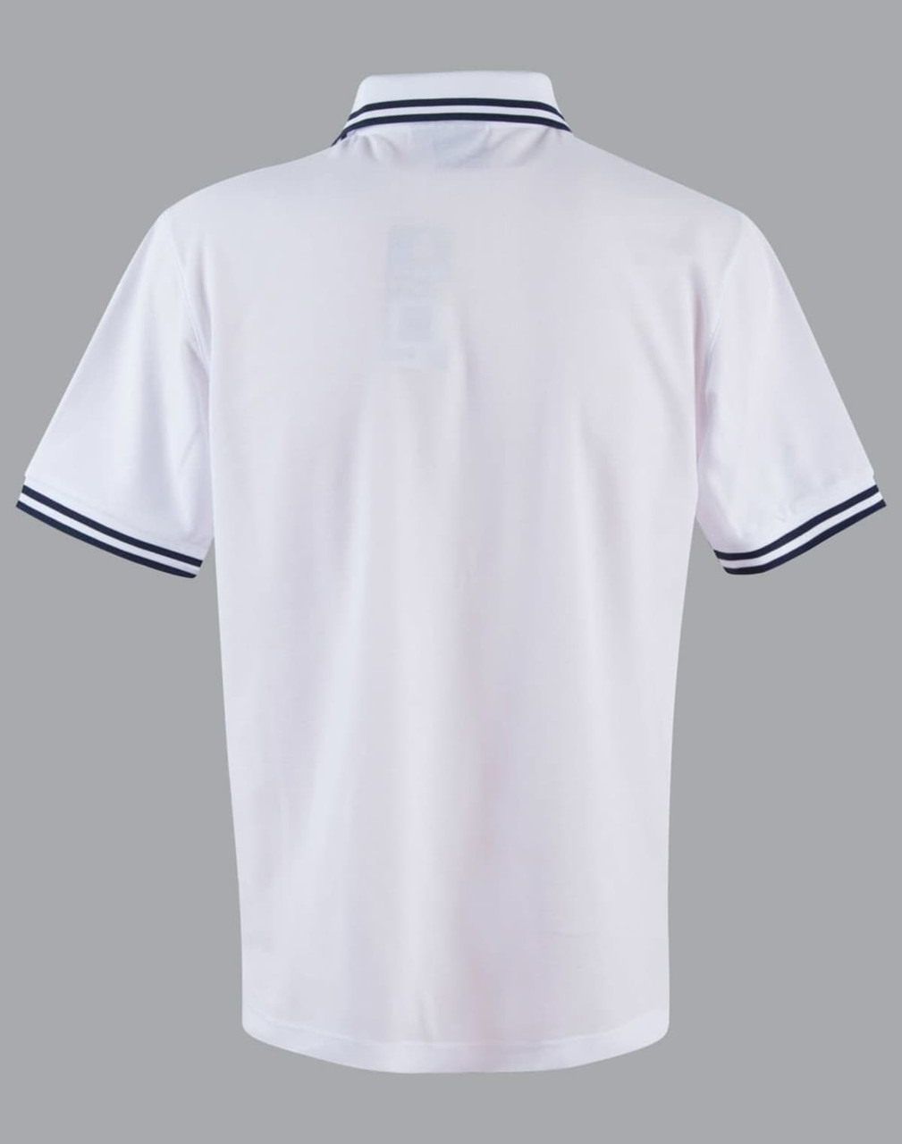 A white polo shirt featuring a collar with navy stripes and a logo on the back.