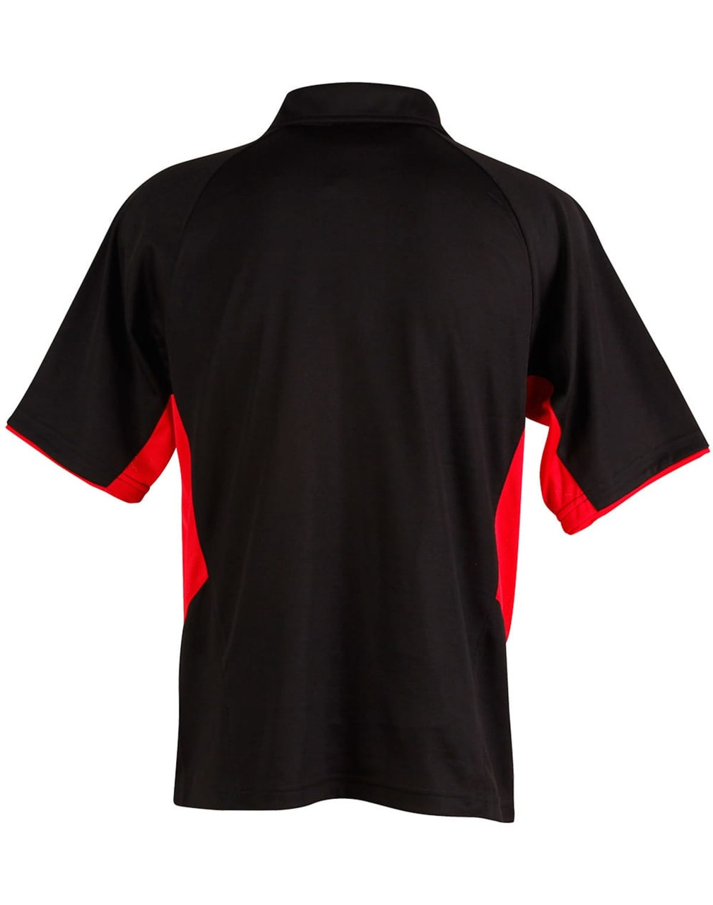 A black polo shirt with red side panels and a collar, featuring a logo on the front.